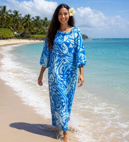 Blue Tribal Print Chiffon Maxi Dress