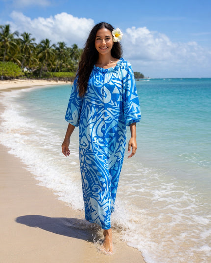 Blue Tribal Print Chiffon Maxi Dress - Flowy, Lightweight & Effortlessly Elegant