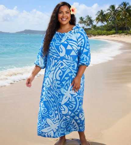 Blue Tribal Print Chiffon Maxi Dress