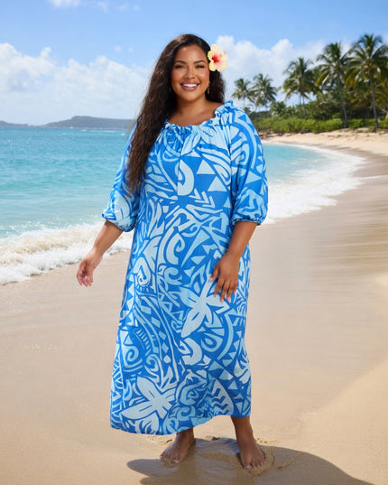 Blue Tribal Print Chiffon Maxi Dress - Flowy, Lightweight & Effortlessly Elegant