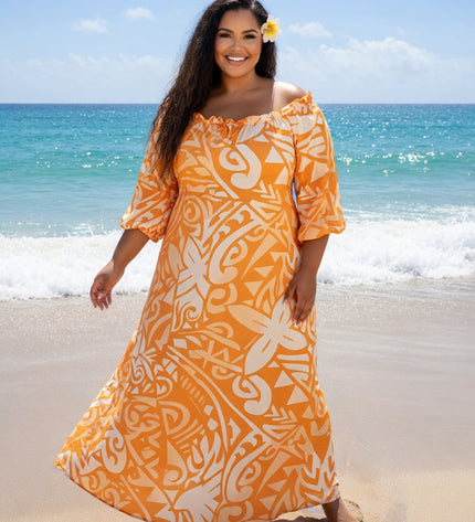 Vibrant Orange Tribal Chiffon Maxi Dress with Statement Earrings & Hibiscus Hair Flower Bundle