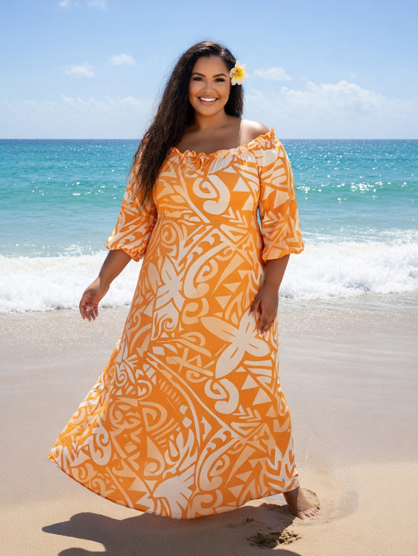 Vibrant Orange Tribal Chiffon Maxi Dress - Flowy, Lightweight & Effortlessly Elegant