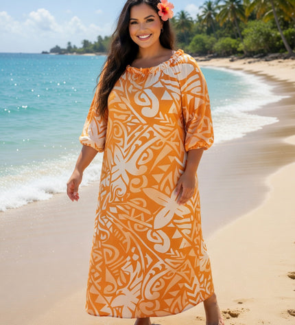 Vibrant Orange Tribal Chiffon Maxi Dress - Flowy, Lightweight & Effortlessly Elegant