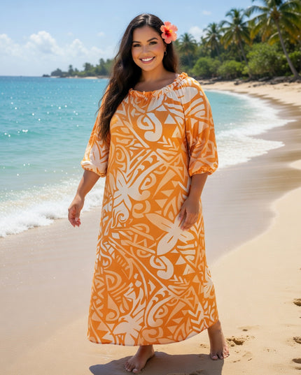 Vibrant Orange Tribal Chiffon Maxi Dress - Flowy, Lightweight & Effortlessly Elegant