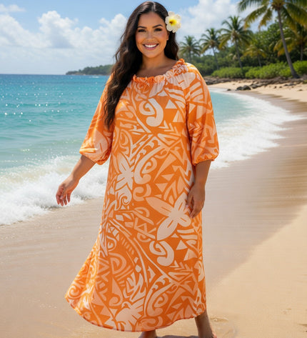 Vibrant Orange Tribal Chiffon Maxi Dress - Flowy, Lightweight & Effortlessly Elegant