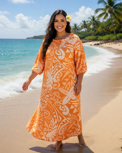Vibrant Orange Tribal Chiffon Maxi Dress - Flowy, Lightweight & Effortlessly Elegant