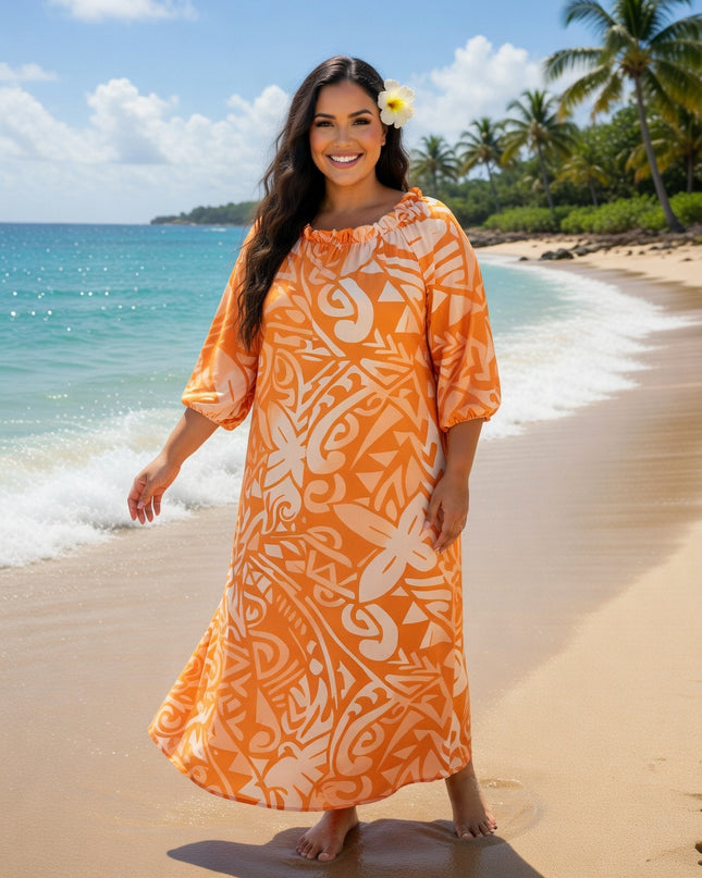 Vibrant Orange Tribal Chiffon Maxi Dress - Flowy, Lightweight & Effortlessly Elegant