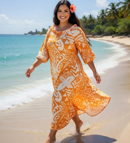 Vibrant Orange Tribal Chiffon Maxi Dress - Flowy, Lightweight & Effortlessly Elegant