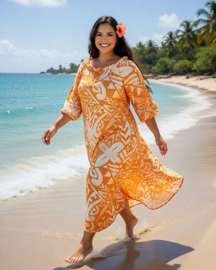 Vibrant Orange Tribal Chiffon Maxi Dress - Flowy, Lightweight & Effortlessly Elegant