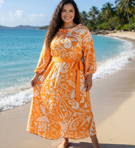 Vibrant Orange Tribal Chiffon Maxi Dress - Flowy, Lightweight & Effortlessly Elegant