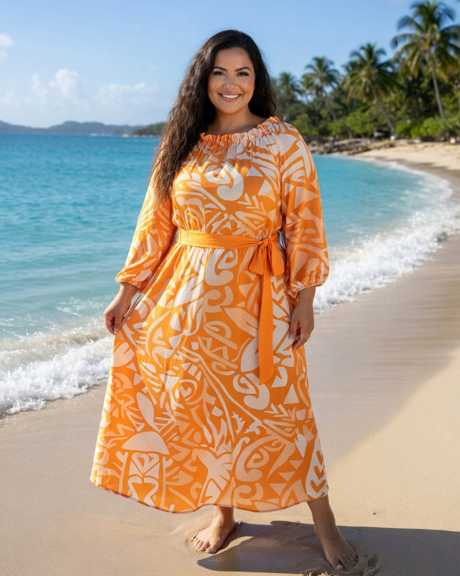 Vibrant Orange Tribal Chiffon Maxi Dress - Flowy, Lightweight & Effortlessly Elegant