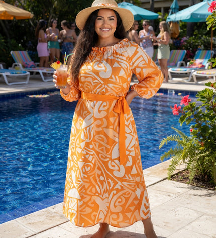 Vibrant Orange Tribal Chiffon Maxi Dress with Statement Earrings & Hibiscus Hair Flower Bundle