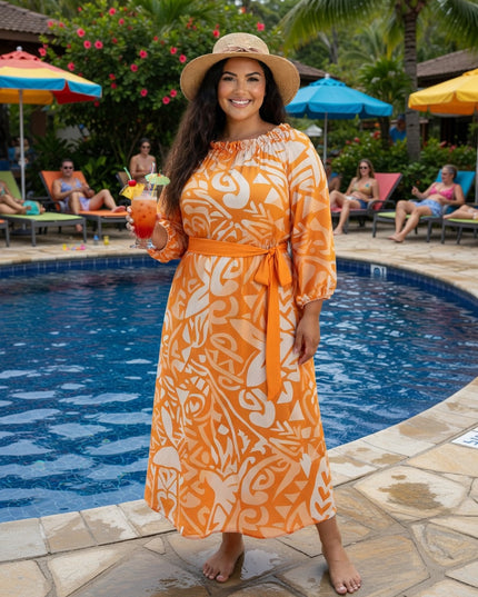 Vibrant Orange Tribal Chiffon Maxi Dress - Flowy, Lightweight & Effortlessly Elegant