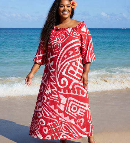 Red and White Tribal Print Chiffon Maxi Dress with Statement Earrings & Hibiscus Hair Flower
