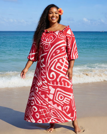Red and White Tribal Print Chiffon Maxi Dress-Flowy, Lightweight & Effortlessly Elegant