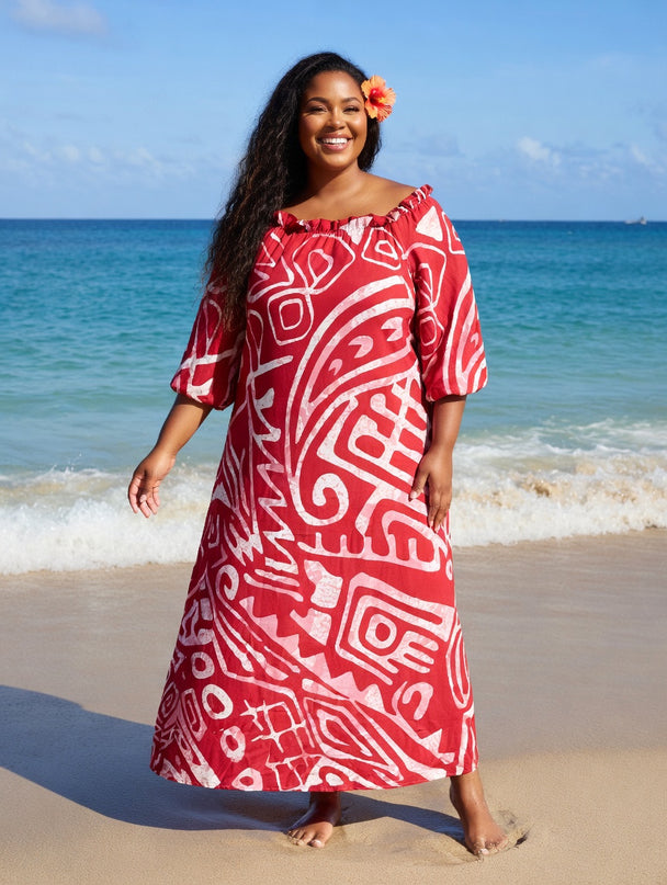 Red and White Tribal Print Chiffon Maxi Dress-Flowy, Lightweight & Effortlessly Elegant