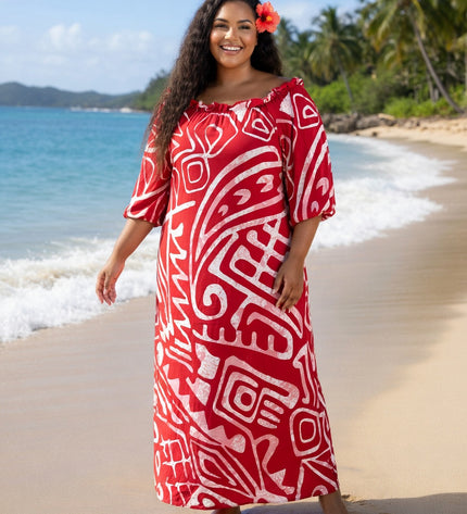 Red and White Tribal Print Chiffon Maxi Dress
