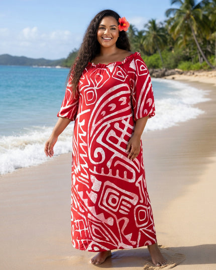 Red and White Tribal Print Chiffon Maxi Dress-Flowy, Lightweight & Effortlessly Elegant