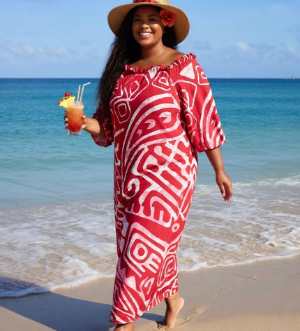 Red and White Tribal Print Chiffon Maxi Dress