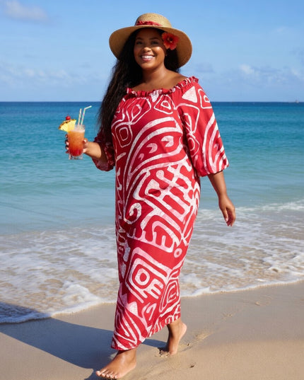 Red and White Tribal Print Chiffon Maxi Dress-Flowy, Lightweight & Effortlessly Elegant