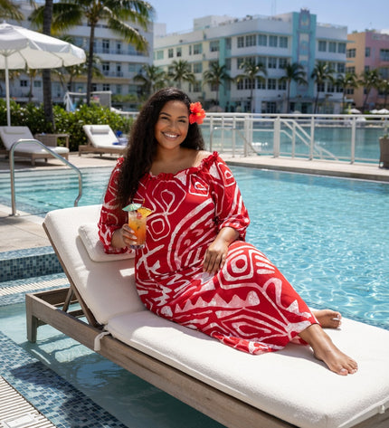 Red and White Tribal Print Chiffon Maxi Dress
