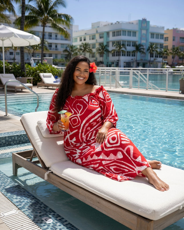 Red and White Tribal Print Chiffon Maxi Dress-Flowy, Lightweight & Effortlessly Elegant