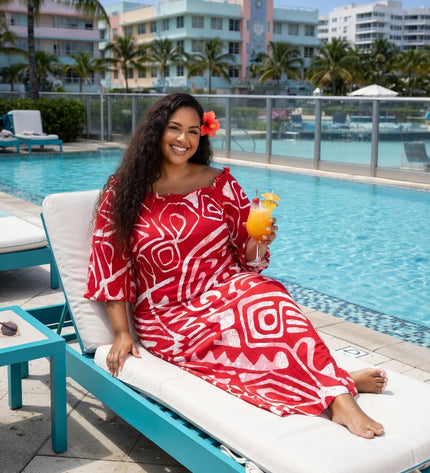 Red and White Tribal Print Chiffon Maxi Dress
