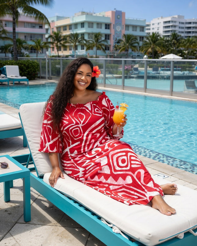 Red and White Tribal Print Chiffon Maxi Dress-Flowy, Lightweight & Effortlessly Elegant