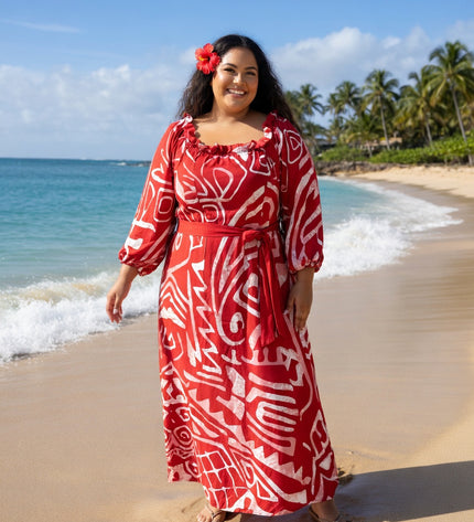 Red and White Tribal Print Chiffon Maxi Dress