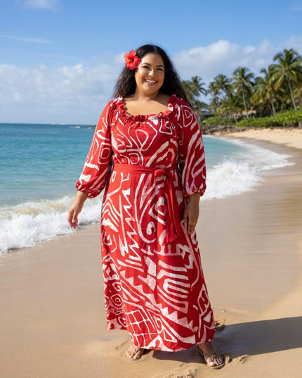 Red and White Tribal Print Chiffon Maxi Dress-Flowy, Lightweight & Effortlessly Elegant