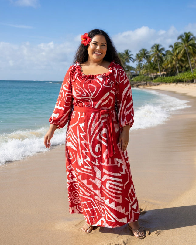 Red and White Tribal Print Chiffon Maxi Dress-Flowy, Lightweight & Effortlessly Elegant