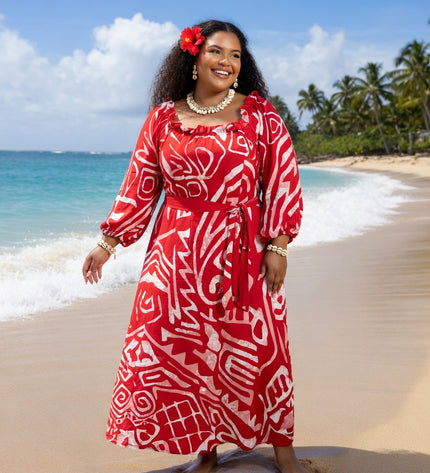 Red and White Tribal Print Chiffon Maxi Dress with Statement Earrings & Hibiscus Hair Flower