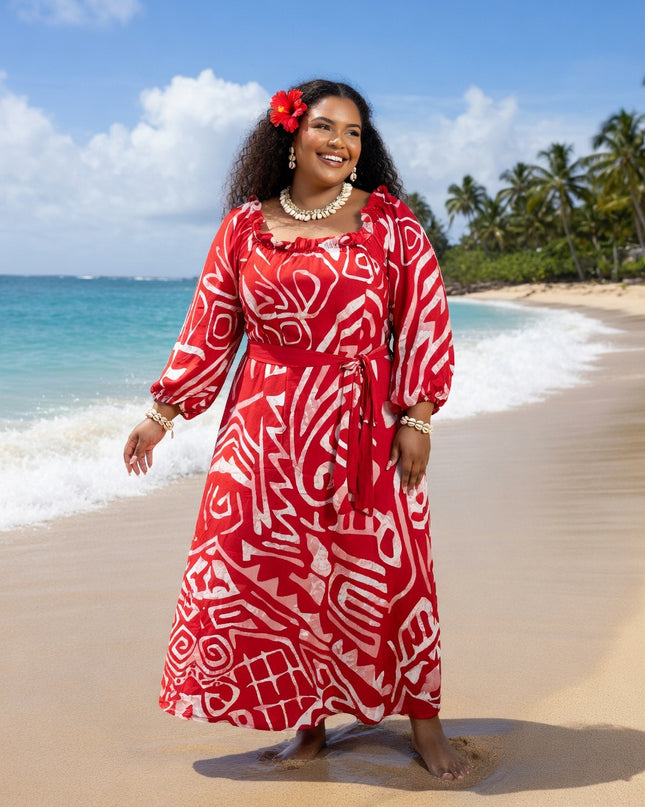 Red and White Tribal Print Chiffon Maxi Dress-Flowy, Lightweight & Effortlessly Elegant