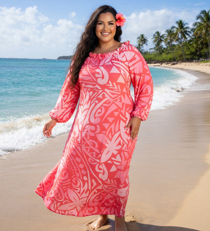 Pink and Red Tribal Chiffon Off-Shoulder Maxi Dress