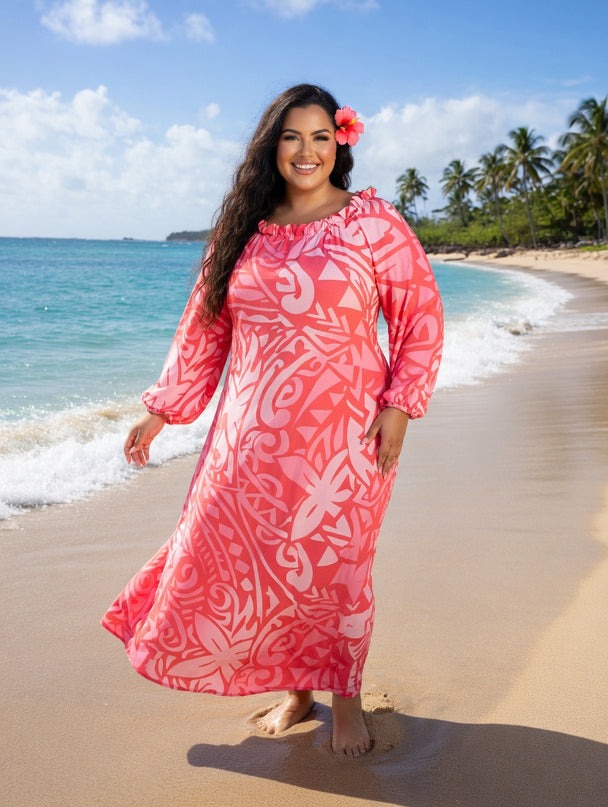 Pink And Red Tribal Chiffon Maxi Dress-Flowy, Lightweight & Effortless Elegant