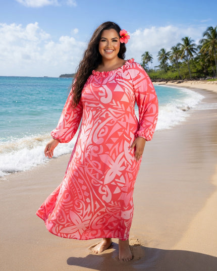 Pink Tribal Print Chiffon Maxi Dress with Statement Earrings & Hibiscus Pink Hair Flower.