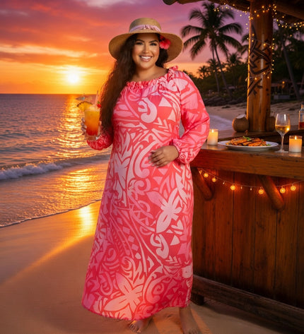 Pink and Red Tribal Chiffon Off-Shoulder Maxi Dress
