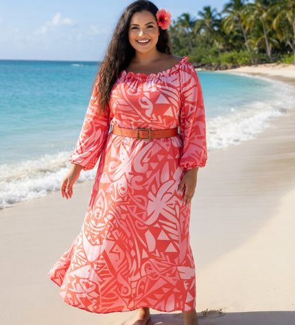 Pink and Red Tribal Chiffon Off-Shoulder Maxi Dress