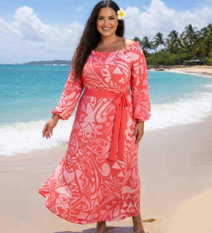Pink and Red Tribal Chiffon Off-Shoulder Maxi Dress