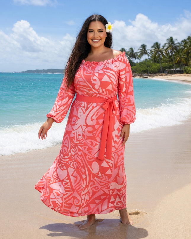 Pink Tribal Print Chiffon Maxi Dress with Statement Earrings & Hibiscus Pink Hair Flower.