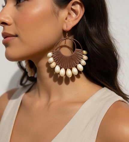 Boho Shell Fringe Statement Hoop Earrings