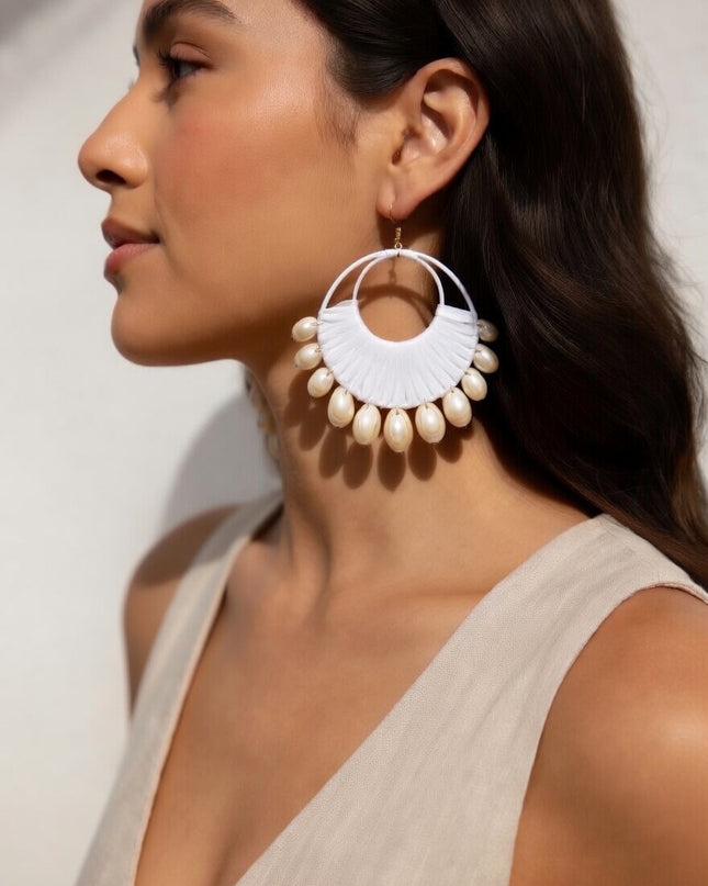 Boho Shell Fringe Statement Hoop Earrings