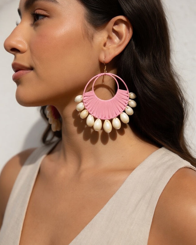 Boho Shell Fringe Statement Hoop Earrings