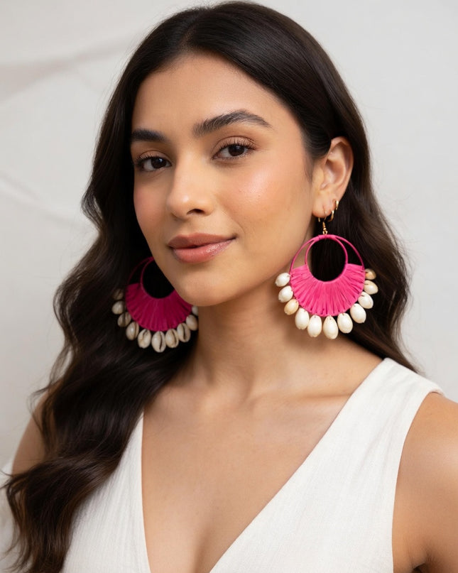 Boho Shell Fringe Statement Hoop Earrings