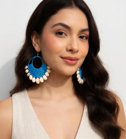 Vibrant Blue and White Tribal Print Maxi Dress with Statement Earrings & Hibiscus hair flower.
