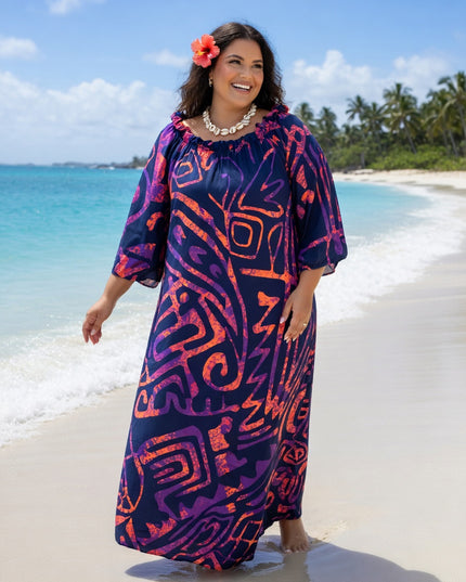 Tropical Tribal Print Chiffon Maxi Dress - Flowy Beach Resort Style