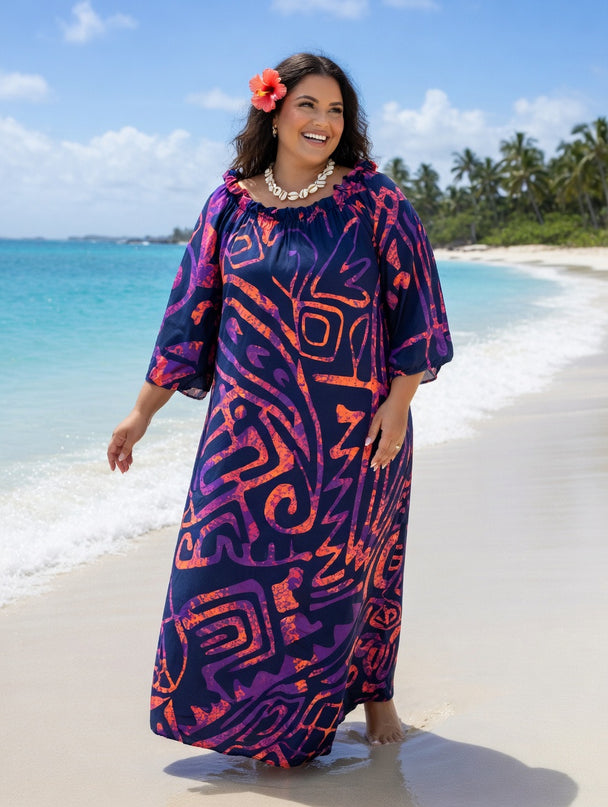 Tropical Tribal Print Chiffon Maxi Dress - Flowy Beach Resort Style