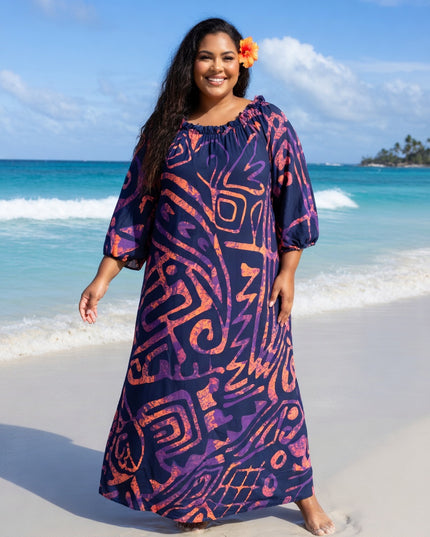 Tropical Tribal Print Chiffon Maxi Dress - Flowy Beach Resort Style