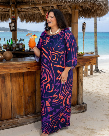Tropical Tribal Print Chiffon Maxi Dress - Flowy Beach Resort Style