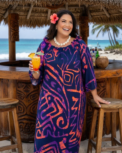 Tropical Tribal Print Chiffon Maxi Dress - Flowy Beach Resort Style